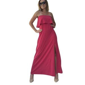 Susan Monaco Hibiscus Red Pink Strapless Ruffle Slit Maxi Dress Small NEW